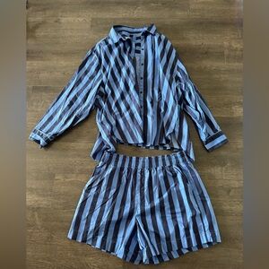 Aerie Blue and Navy Stripe Button-Up Shirt with Matching Shorts